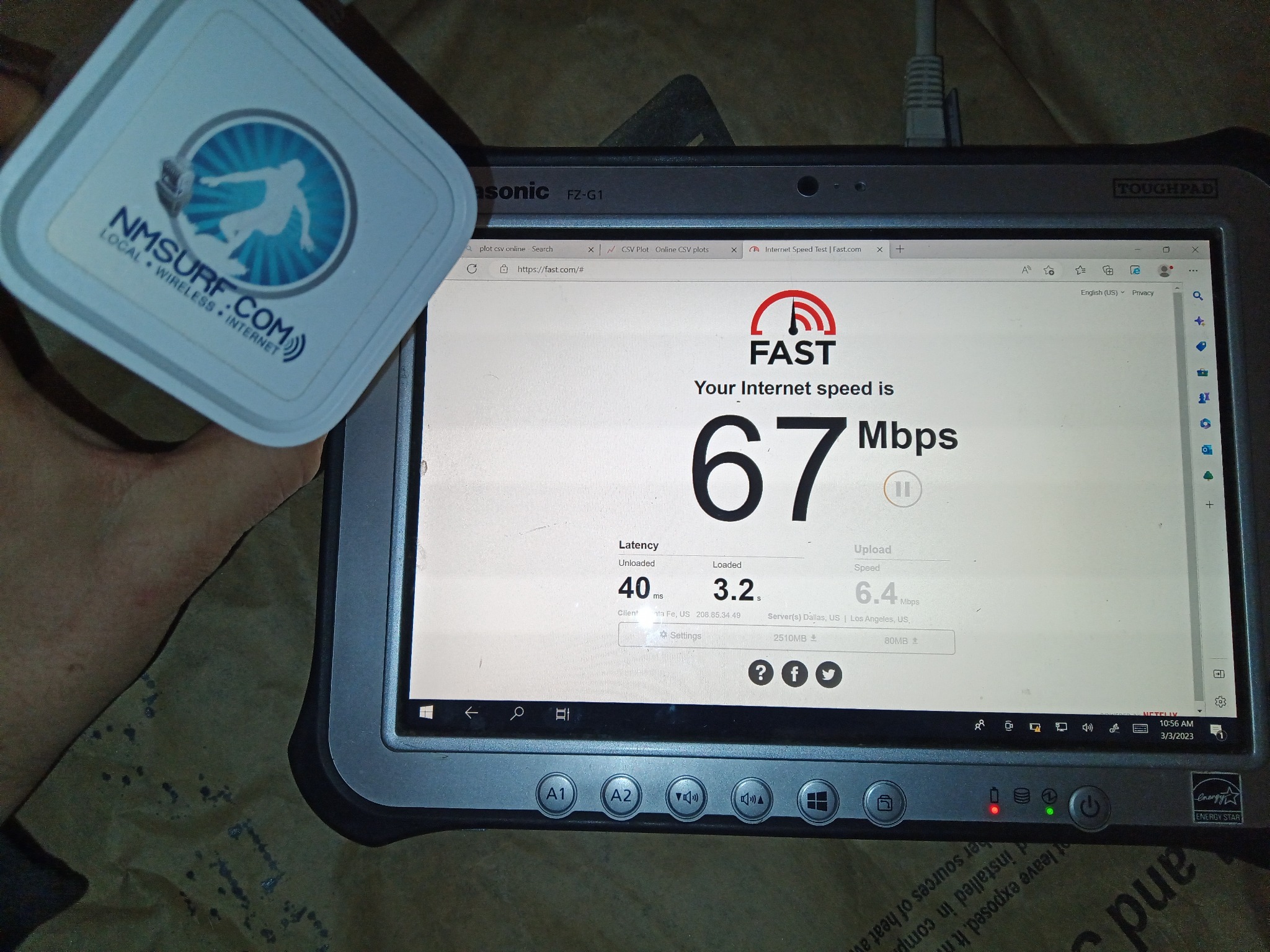 Fast.com test showing 67 Mbps download and 3.2 seconds loaded latency